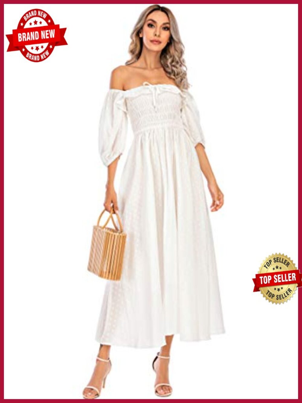 Women's Cotton Midi A-Line Dress with Puff Sleeves